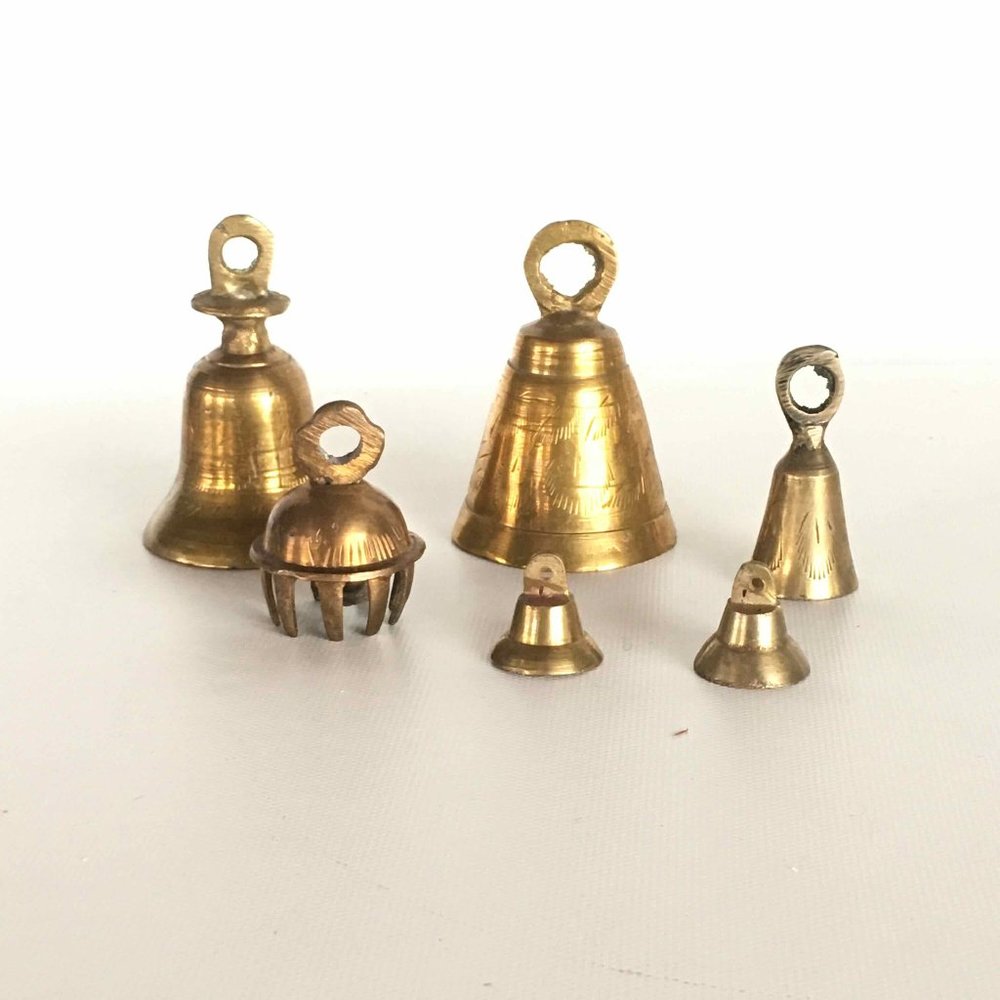 6 Vintage Brass Bells including 1 claw bell